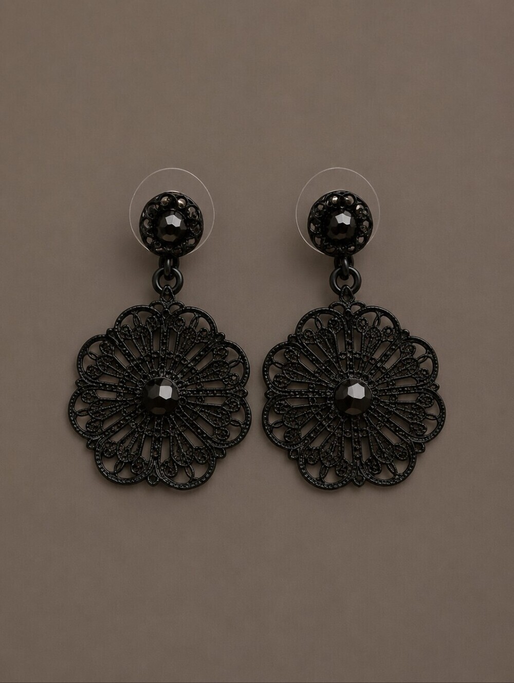 3/$30 Vintage Black Lace Filigree Mandala Dangle Post Earrings